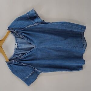 GAP Denim Chambray Top Size Large Blue Fray Sleeves & Collar V Neck